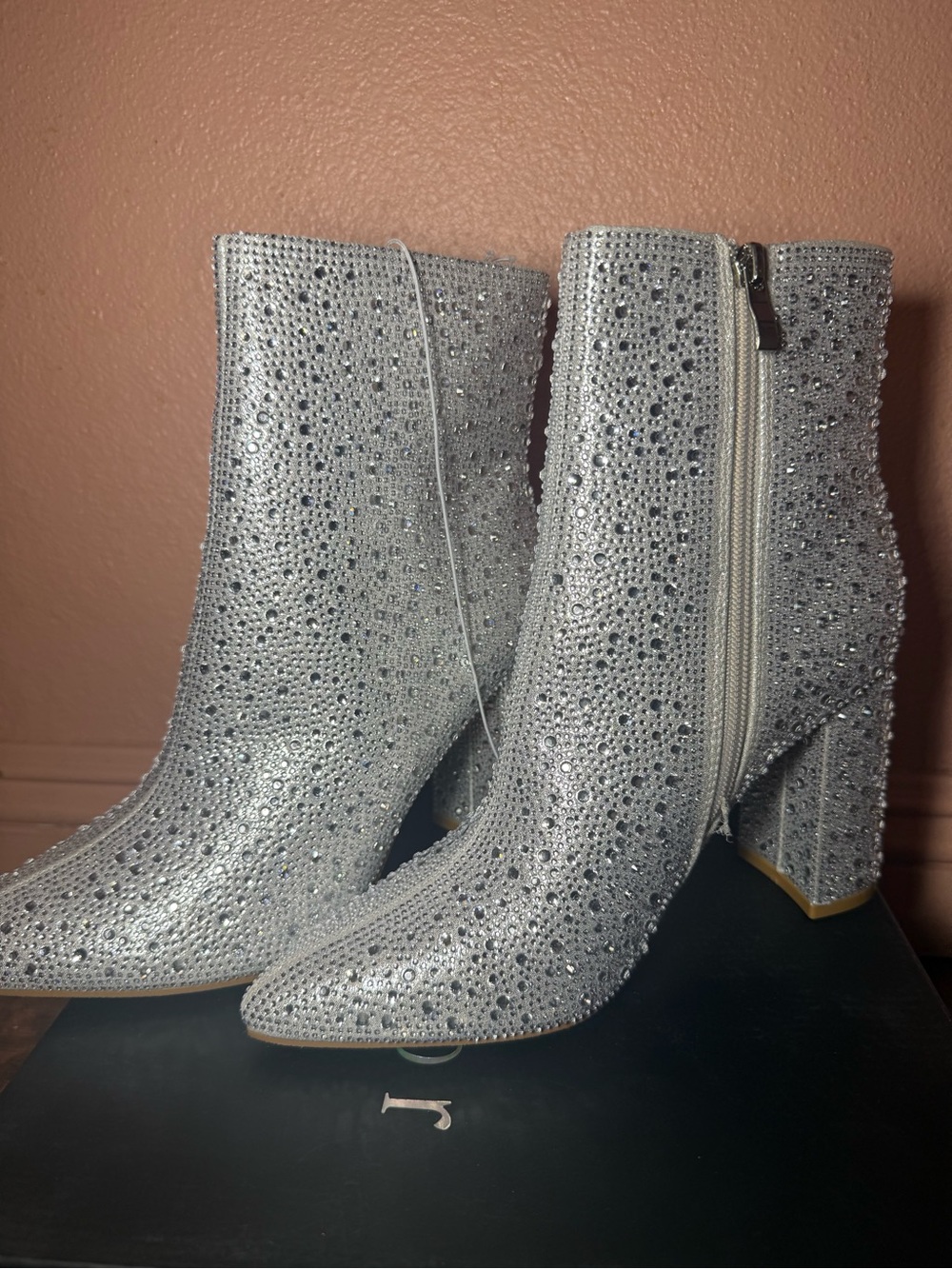 Windsor Silver Rhinestone Ankle Boots  Sparkly Crystal Block Heel Booties